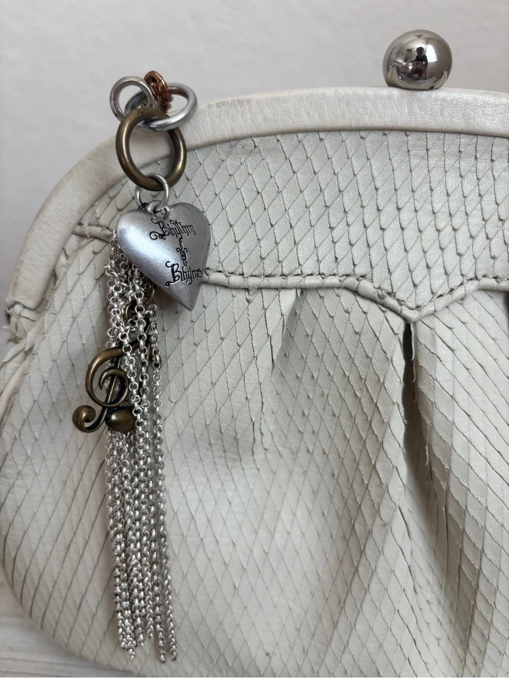Vintage Rhythm & Rhyme crossbody bag Python-embossed Ivory leather heart charm